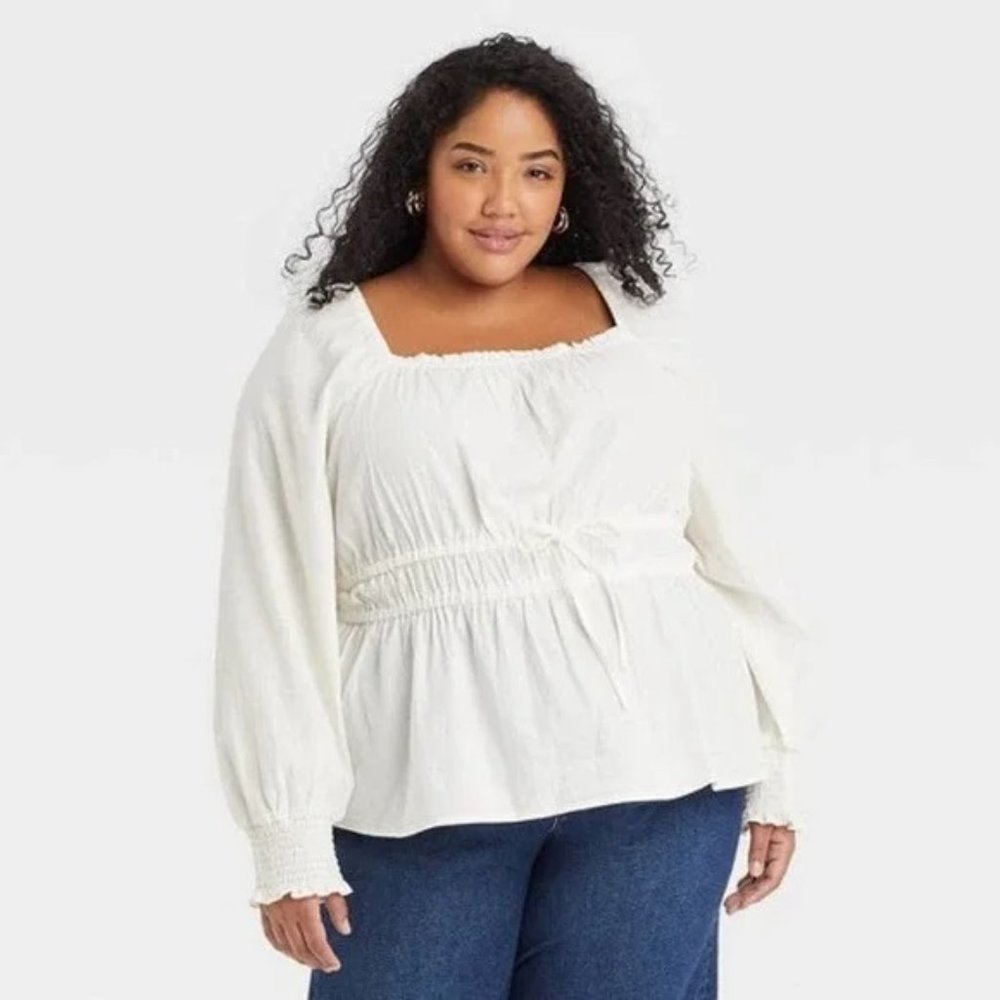 Long Sleeve Peplum Tie-Back Blouse-Cream-2x-Ava & Viv